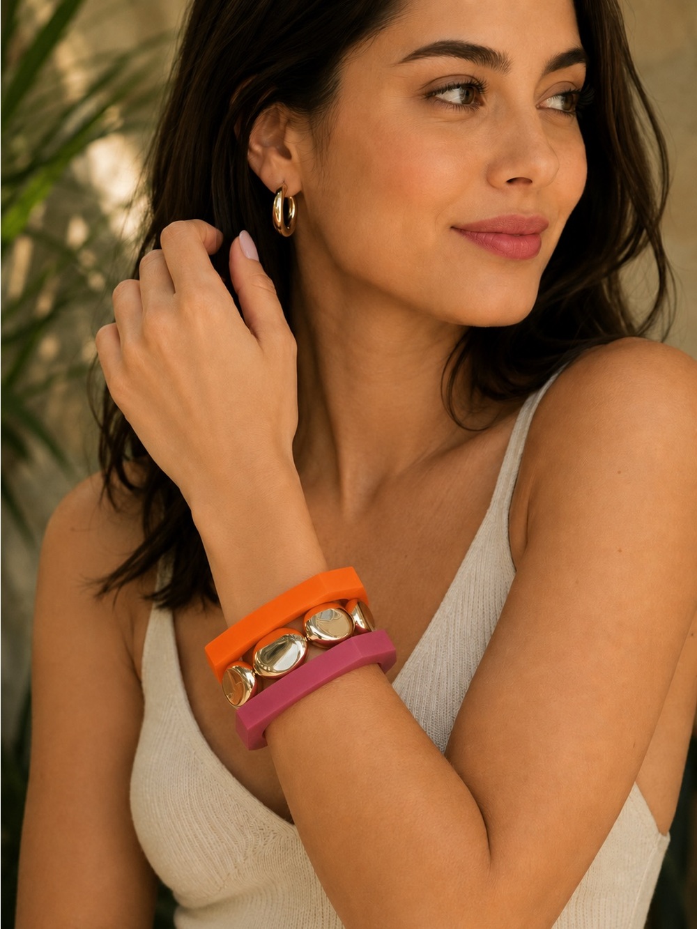 Fashion Jewelry Orange and Pink Resin Bracelet Trio with Gold Accents